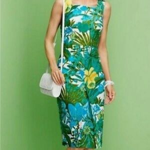 Talbots tropical print cotton sheath dress blue green size 6P